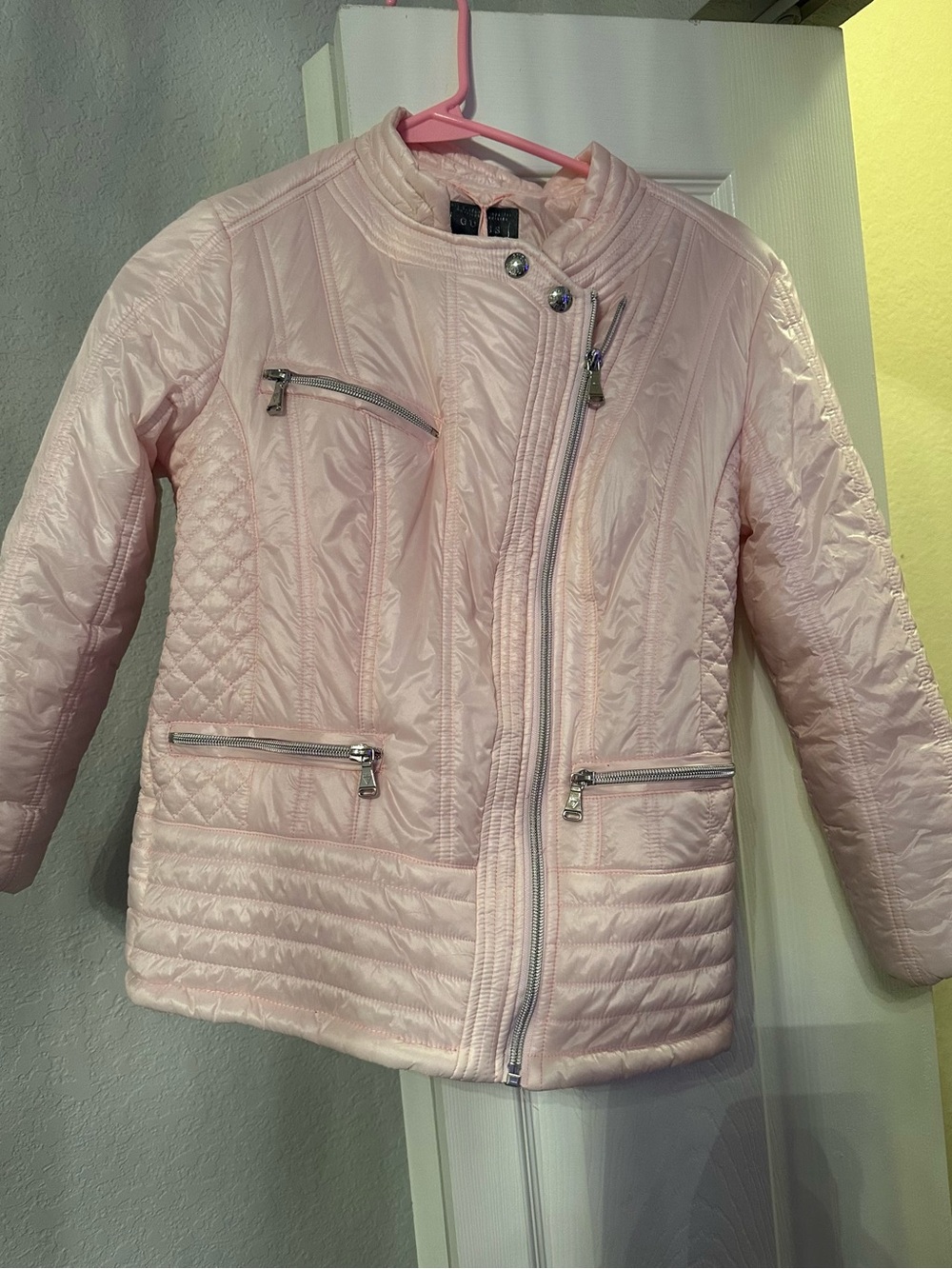 Guess Pale Pink Quilted Moto-Style Puffer Jacket